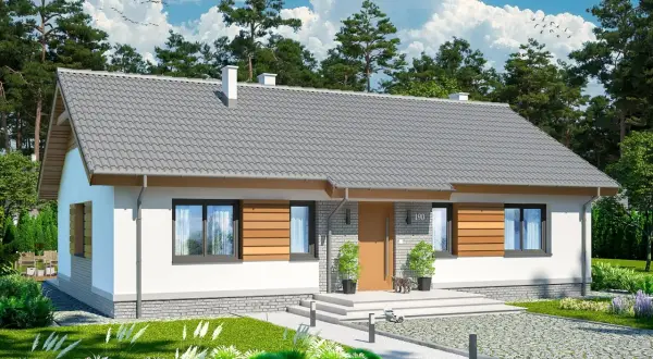 Uroczy, biały dom z szarym dachem, idealny dla rodziny. To jeden z tych **małych domów do 50m2**, który oferuje komfort i przytulność.