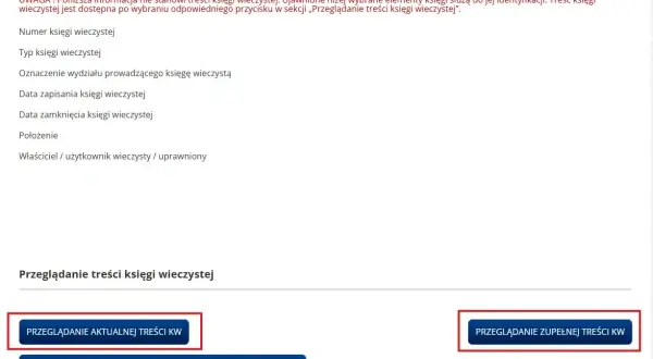 Wynik wyszukiwania księgi wieczystej. Widoczne dane identyfikacyjne księgi, w tym numer, typ, położenie i właściciel. Możliwość przeglądania treści księgi, w tym jej aktualnej i pełnej postaci. Cyfra kontrolna księgi wieczystej jest kluczowa do jej ide...
