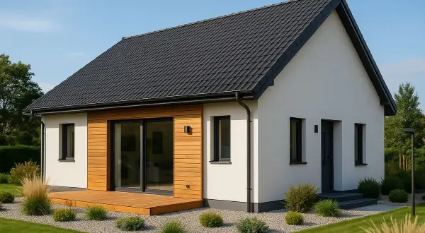 Nowoczesny dom 80m2 z drewnianym tarasem i dużymi przeszkleniami. Elegancka biel elewacji kontrastuje z ciemnym dachem i stolarką.
