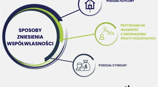 Grafika przedstawia sposoby zniesienia współwłasności: podział fizyczny, przyznanie na własność z obowiązkiem spłaty oraz podział cywilny. Kto ponosi koszty zniesienia współwłasności?