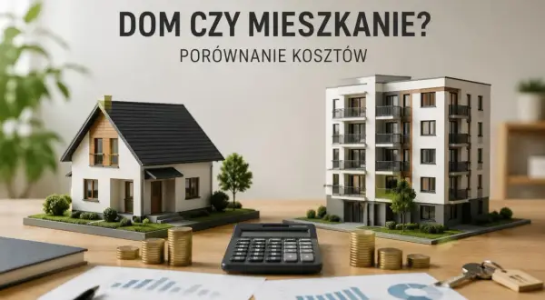 Porównanie kosztów: model domu i bloku mieszkalnego, kalkulator, monety i klucze. Dom czy mieszkanie?