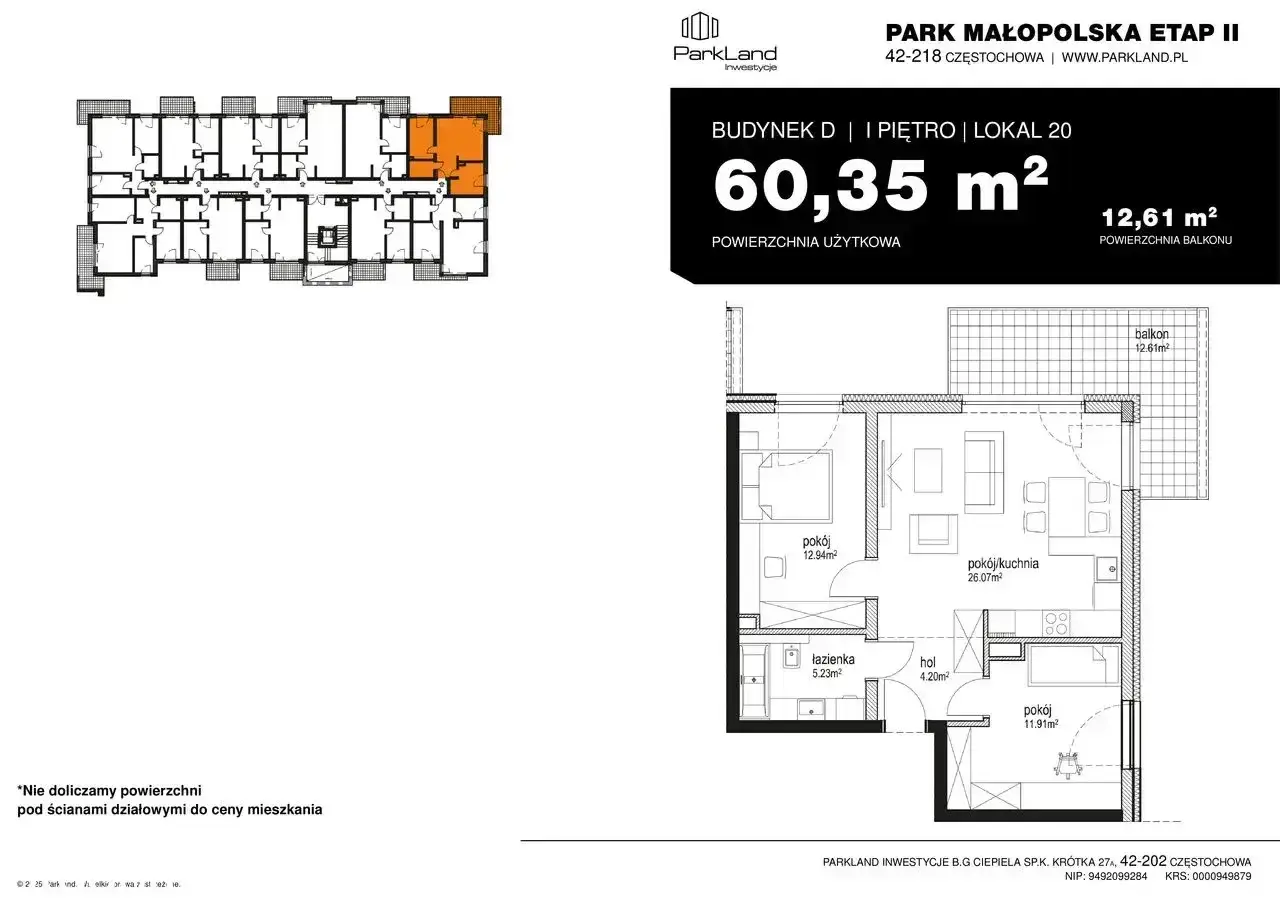 Rzut mieszkania 60,35 m² z balkonem 12,61 m². Czy balkon wlicza się do powierzchni mieszkania? Tutaj nie, bo nie doliczamy go do ceny.