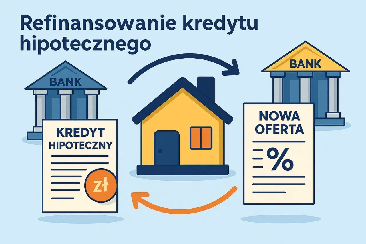 Ilustracja pokazuje przeniesienie kredytu hipotecznego. Dom symbolizuje właściciela, który przenosi swój kredyt z jednego banku do drugiego, szukając lepszej oferty.