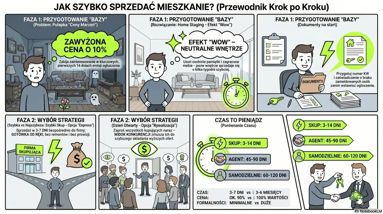 Jak szybko sprzedać mieszkanie? Faza 1: przygotowanie bazy, neutralne wnętrze i dokumenty. Faza 2: wybór strategii - szybki skup lub rywalizacja. Czas to pieniądz!