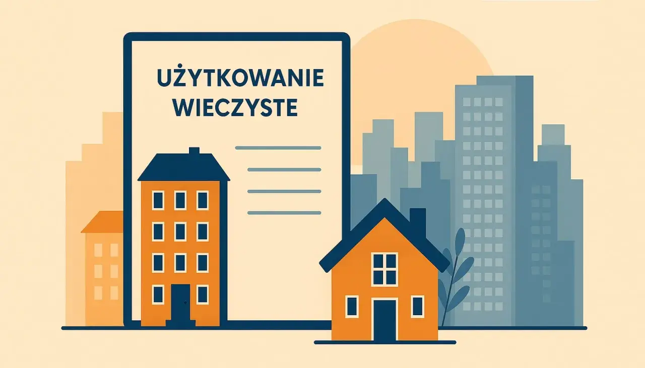 Dokument "Użytkowanie wieczyste" z domkami i budynkami w tle.