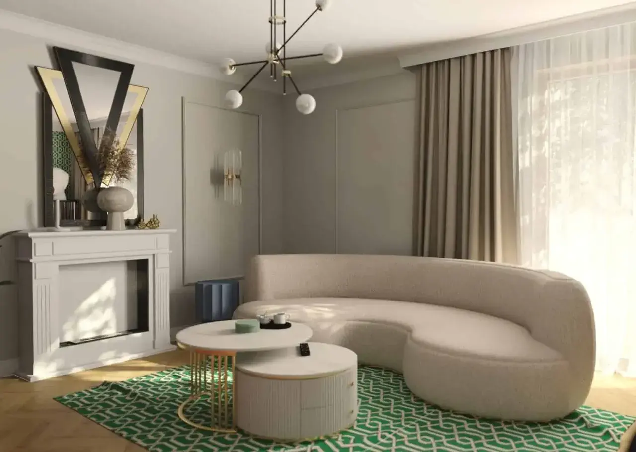 Eleganckie mieszkanie w stylu art deco z kremową sofą, kominkiem i geometryczną zieloną dywanem.