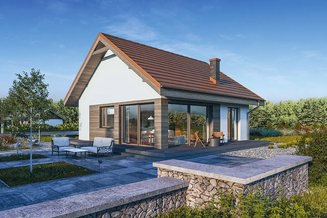 Nowoczesny dom 70m2 bez pozwolenia z dużymi oknami i tarasem, otoczony zielenią. Idealny dla ceniących spokój i komfort.