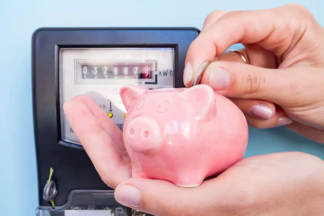 Różowa świnka-skarbonka obok licznika energii elektrycznej. Dłoń wrzuca monetę, symbolizując oszczędzanie na prognozowaną wielkość rocznego zużycia dla domu.