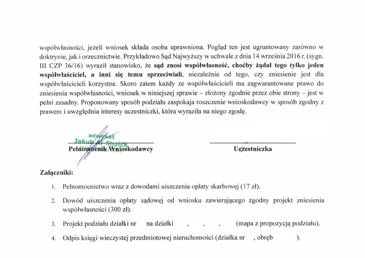 Wsp&oacute;łwłasność mieszkania a opłaty: dokument dotyczy zniesienia wsp&oacute;łwłasności i załącznik&oacute;w, w tym dowod&oacute;w opłat sądowych i skarbowych.