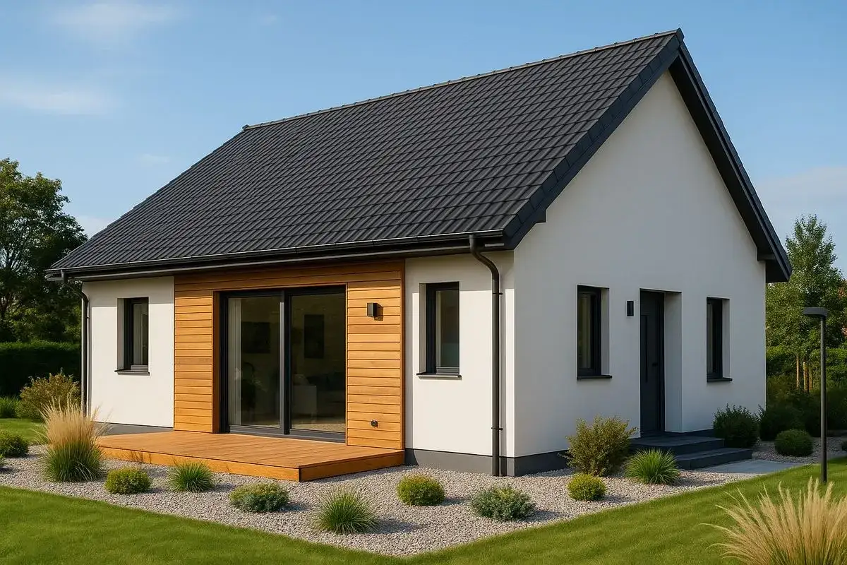 Nowoczesny dom 80m2 z drewnianym tarasem i dużymi przeszkleniami. Elegancka biel elewacji kontrastuje z ciemnym dachem i stolarką okienną.