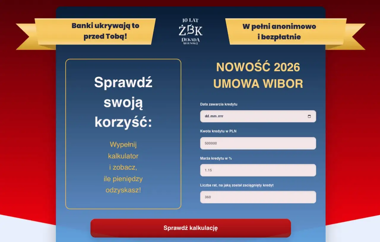 Kalkulator kredytowy z polem na kwotę 500 000 PLN. Sprawdź, ile wynosi wibor 6m i odzyskaj pieniądze!