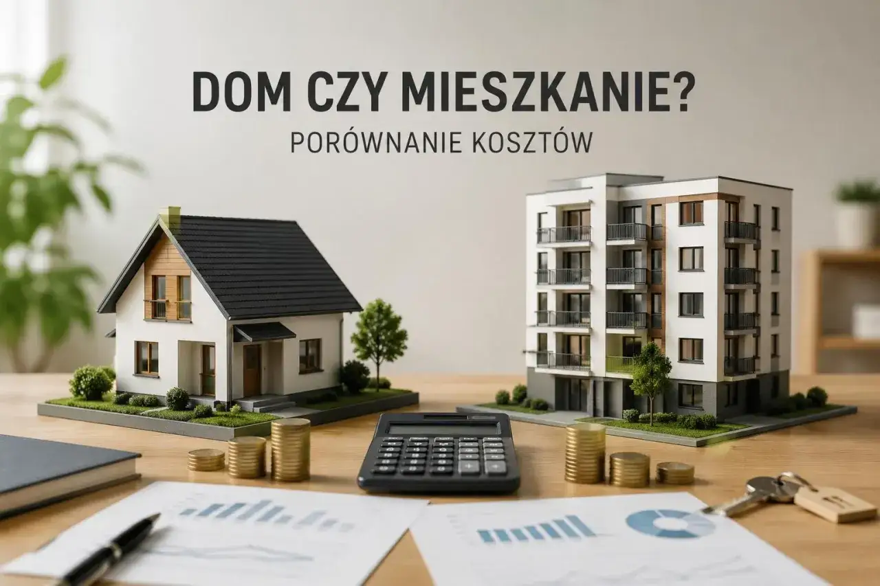 Por&oacute;wnanie koszt&oacute;w: model domu i bloku mieszkalnego, kalkulator, monety i klucze. Dom czy mieszkanie?