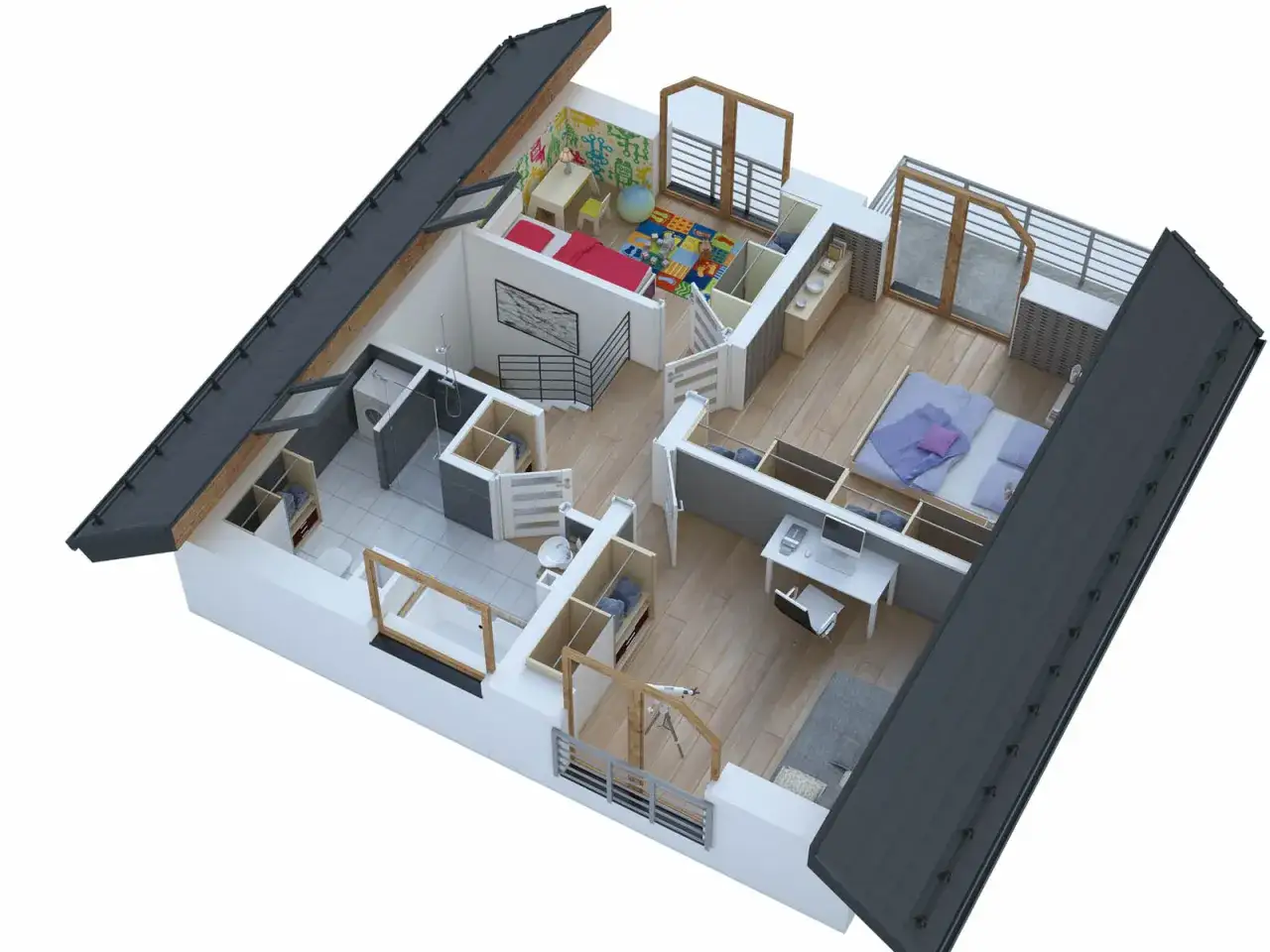 Wizualizacja wnętrza domu 70m2 bez pozwolenia: sypialnia, pok&oacute;j dziecięcy, łazienka, kuchnia i balkon.