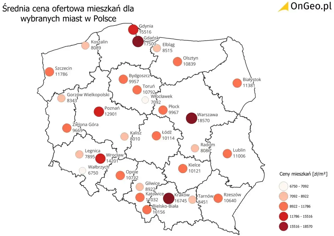 Mapa cen mieszkań w Polsce. Wiedza o tym, jak negocjować cenę mieszkania, jest kluczowa, zwłaszcza w drogich miastach jak Warszawa (18570 zł/m&sup2;).