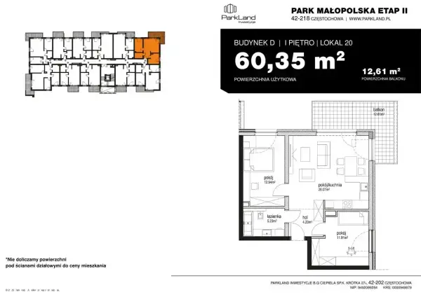 Rzut mieszkania 60,35 m² z balkonem 12,61 m². Czy balkon wlicza się do powierzchni mieszkania? Tutaj nie, bo nie doliczamy go do ceny.