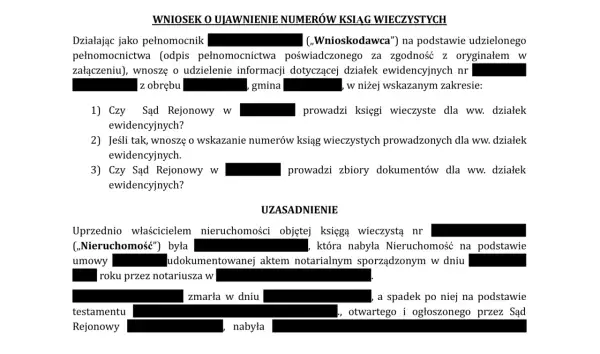 Wniosek o ujawnienie numerów ksiąg wieczystych. Jak znaleźć księgę wieczystą? Wniosek dotyczy informacji o działkach ewidencyjnych i numerach ksiąg wieczystych.