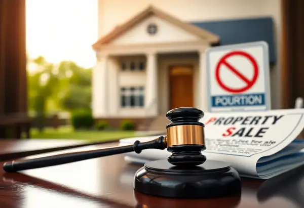 Młotek sędziowski i dokument "PROPERTY SALE" sugerują sądowy nakaz sprzedaży nieruchomości. W tle dom i znak zakazu.