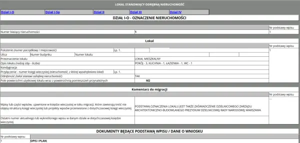 Darmowy wgląd do księgi wieczystej: dane lokalu mieszkalnego, opis, powierzchnia, komentarz do migracji.