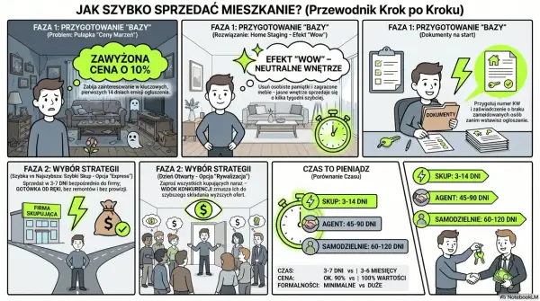 Jak szybko sprzedać mieszkanie? Faza 1: przygotowanie bazy, neutralne wnętrze i dokumenty. Faza 2: wybór strategii - szybki skup lub rywalizacja. Czas to pieniądz!