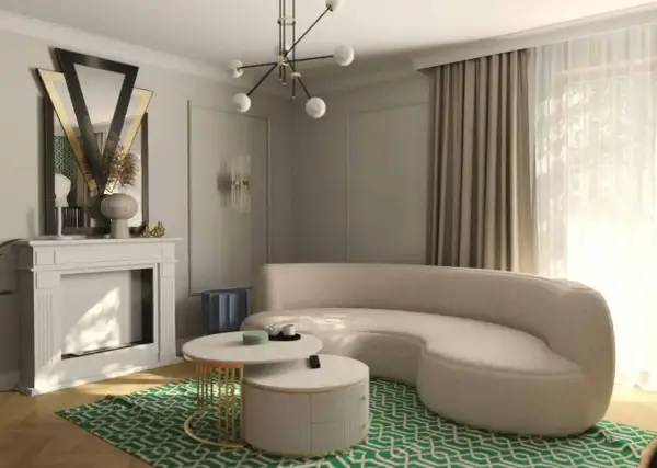 Eleganckie mieszkanie w stylu art deco z kremową sofą, kominkiem i geometryczną zieloną dywanem.