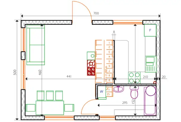Projekt zgłoszenie budowy domu 35m2: salon z aneksem kuchennym, łazienka, sypialnia. Rzut parteru z wymiarami.
