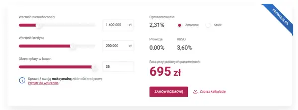 Kalkulator kredytu hipotecznego Banku Millennium: wartość nieruchomości 1,4 mln zł, kredytu 200 tys. zł, spłata 35 lat. RRSO 3,60%. Prowizja 0%.
