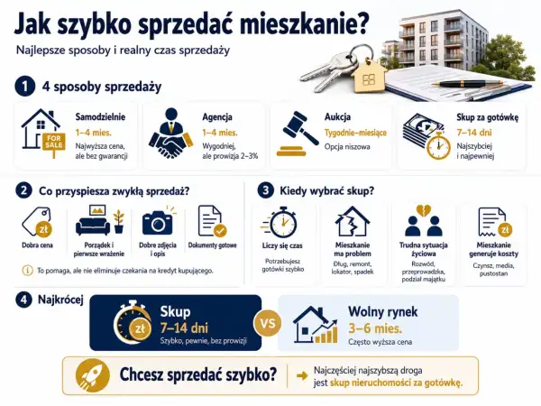 Porównanie metod sprzedaży mieszkania: samodzielnie, agencja, aukcja, skup za gotówkę. Prowizja od sprzedaży mieszkania przy agencji to 2-3%. Skup za gotówkę to 7-14 dni.