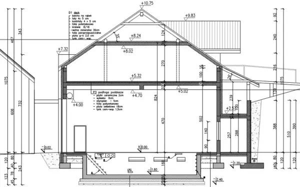 Przekrój domu z zaznaczoną maksymalną wysokością domu na zgłoszenie. Widoczne fundamenty, ściany, dach i izolacje.