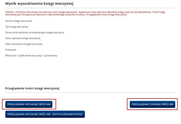 Wynik wyszukiwania księgi wieczystej. Widoczne dane identyfikacyjne księgi, w tym numer, typ, położenie i właściciel. Możliwość przeglądania treści księgi, w tym jej aktualnej i pełnej postaci. Cyfra kontrolna księgi wieczystej jest kluczowa do jej ide...