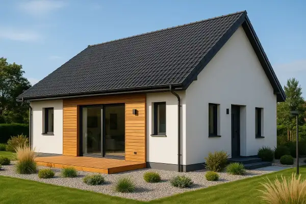 Nowoczesny dom 80m2 z drewnianym tarasem i dużymi przeszkleniami. Elegancka biel elewacji kontrastuje z ciemnym dachem i stolarką.