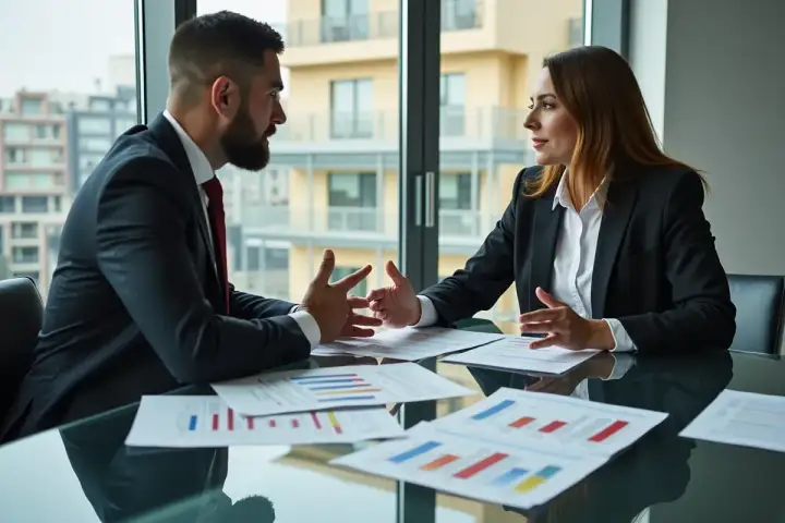 Biznesmeni omawiają strategię, jak negocjować cenę mieszkania, analizując wykresy.